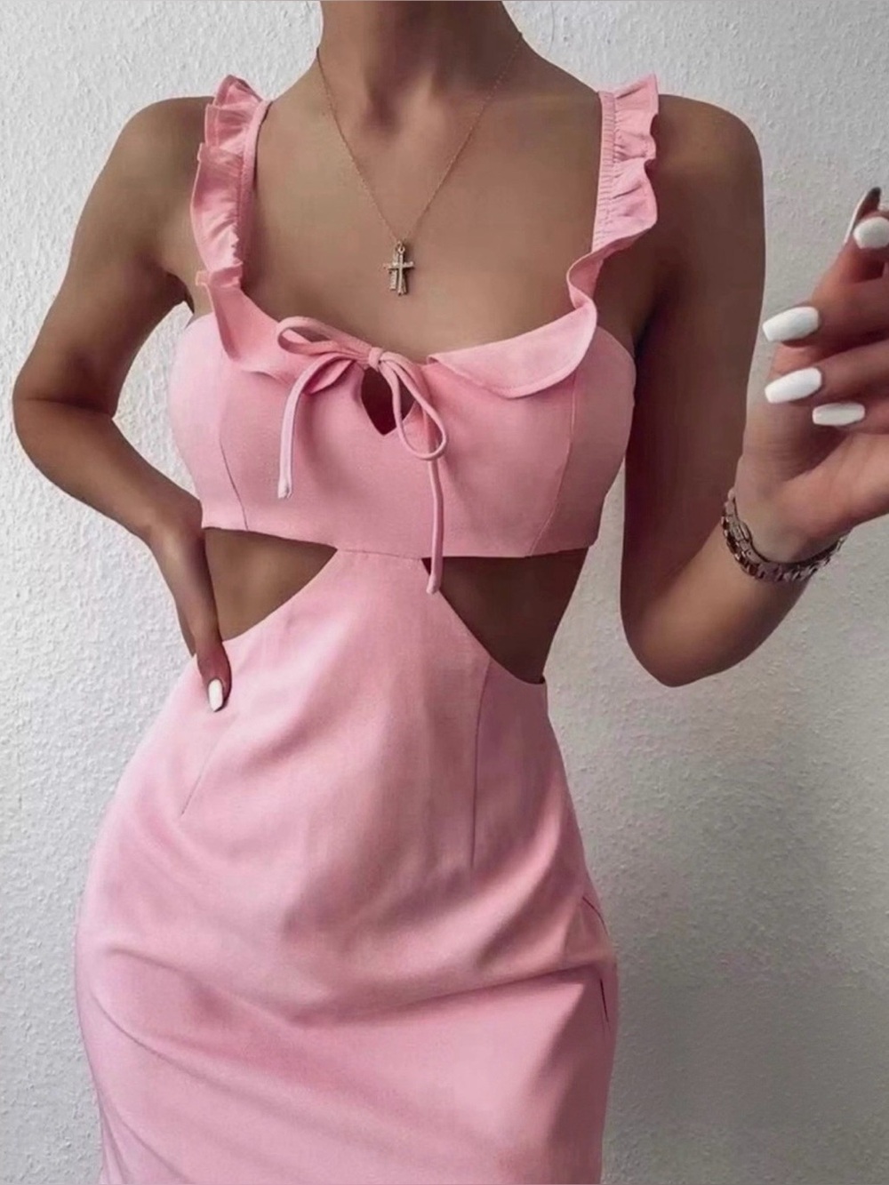 Tiger Mist Kate Cut-Out Mini Dress Ruffle Shoulder | Pink